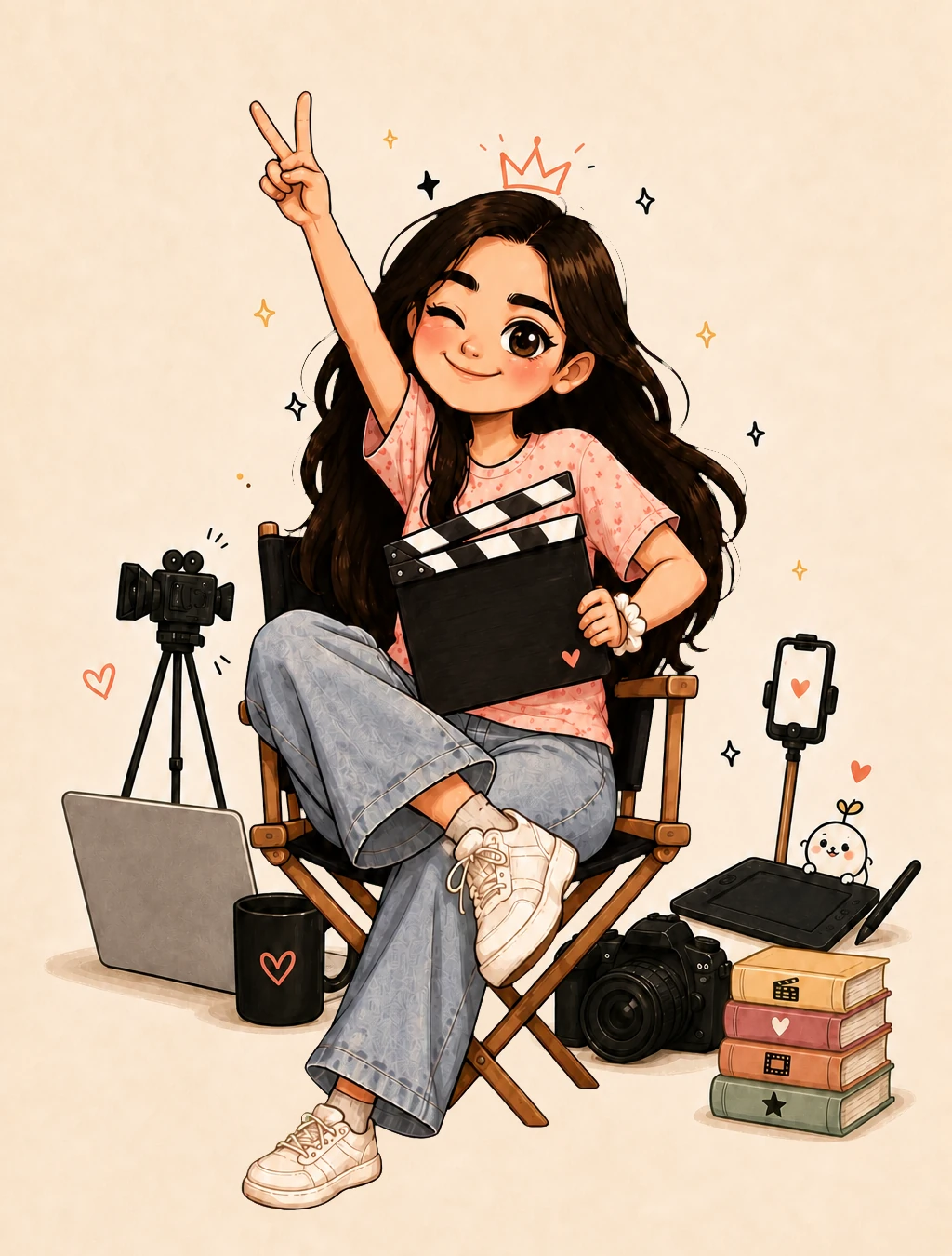 Bottu Pottu creative director posing with a clapperboard, surrounded by cameras and production tools